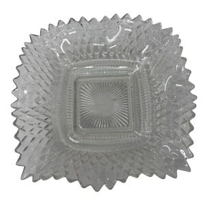 Vintage Indiana Glass Diamond Point Clear Square Candy Nut Dish Ruffled Bowl